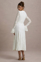 Cream Lace Long-Sleeve Midi Dress